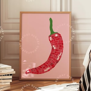 Impresión de chile en forma de bola de discoteca, arte de pared para cocina, póster de chile, ilustración de comida retro de moda, decoración estética femenina en rojo y rosa