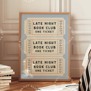 Late Night Book Club Ticket Druck Baby Blau Schlafzimmer Retro Ästhetik Buchliebhaber Wandkunst Vintage Preppy Trendy Home Decor Physischer Druck