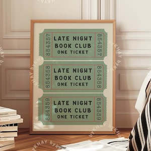 Late Night Book Club Ticket Print Sage Green Bedroom Retro Aesthetic Book Lover Wall Art Vintage Preppy Trendy Home Decor Physical Print
