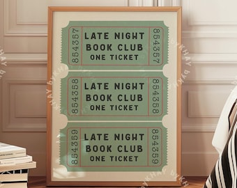 Late Night Book Club Ticket Print Sage Green Bedroom Retro Aesthetic Book Lover Wall Art Vintage Preppy Trendy Home Decor Physical Print