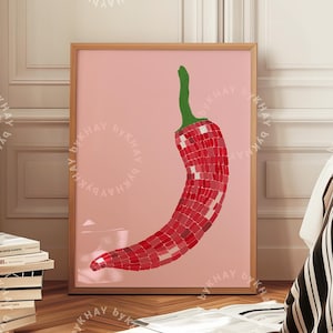 Impresión de bola de discoteca con chile, arte de pared para cocina, póster de chile, ilustración de comida retro de moda, decoración estética roja y rosa, descarga digital