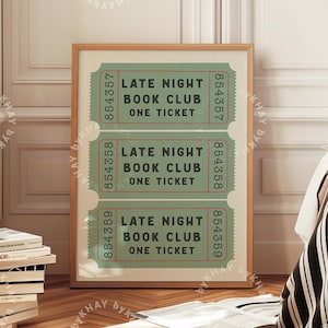 Late Night Book Club Ticket Print Sage Green Dormitorio Retro Estética Libro Amante Wall Art Vintage Preppy Trendy Home Decor Descarga digital