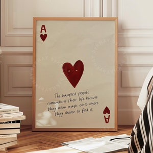 Rode harten aas kaart print, positief inspirerend citaat geschilderd trendy esthetische muurkunst, woondecoratie schattig preppy, fysieke print