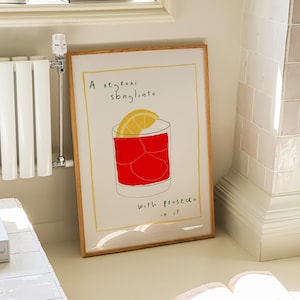 Een Negroni Sbagliato Bar Cart Print, Keuken Home Decor, Trendy Retro Cocktail Wall Art, Hand getrokken Bar Art Alcohol Print Digitale Download