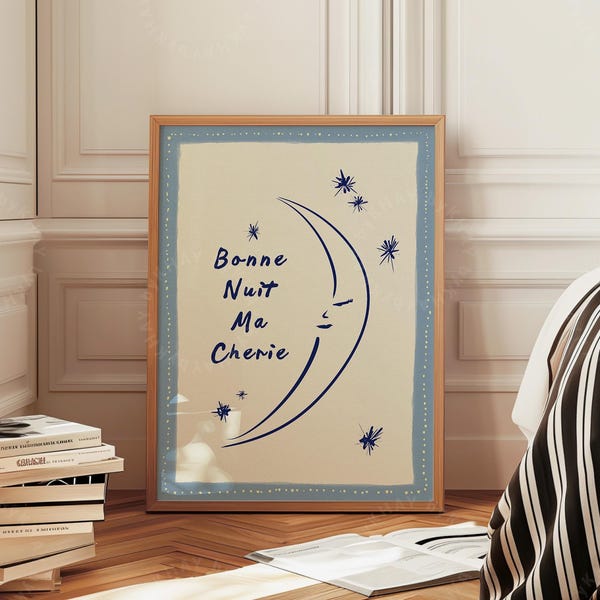Bonne Nuit Ma Cherie Print, Moon Stars Blue Kids Bedroom Decor, Trendy Aesthetic Home Decor Cute Nursery Quote Affirmation, Physical Print