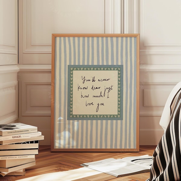 You'll Never Know Dear hoeveel ik van je hou: BLAUW kinderkamerdecoratie huiselijke muurkunst gestreepte kinderkamer fysieke print