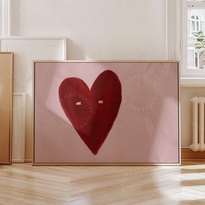 GEMALTER Liebes-Herz-Druck, rot, altrosa Vintage-Stil, gemalte Wandkunst, trendiges ästhetisches Wohndekor, süßes Schlafzimmer-Herz mit Augen, gerahmter Druck