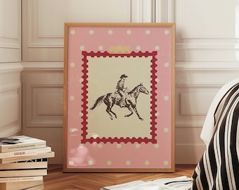 Cowboy Rodeo Western Vintage Style Wall Art: PINK Polkadot Hand Drawn Horse Physical Print