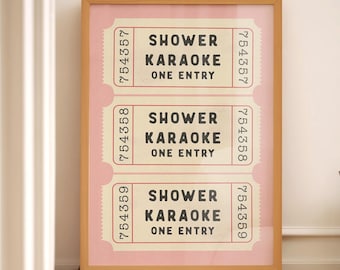 Shower Karaoke Ticket Print Bathroom Retro Pink Cream Aesthetic Shower Singing Funny Wall Art Trendy Home Decor Digital Download