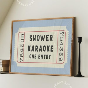Shower Karaoke Ticket Horizontal Print Blue Bathroom Retro Cream Aesthetic Shower Singing Wall Art Vintage Trendy Decor Physical Print