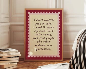 Impression Je ne veux pas jouer en toute sécurité, citation rose rouge, esthétique tendance positive, art mural BCBG, affirmation heureuse, décoration d'intérieur, impression physique