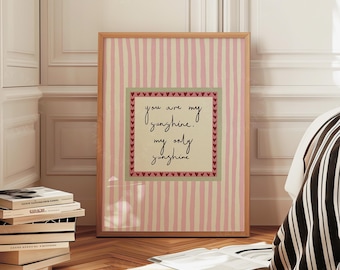 You Are My Sunshine: Pink Green Stripe Nursery Homely Wall Art Striped Physical Print