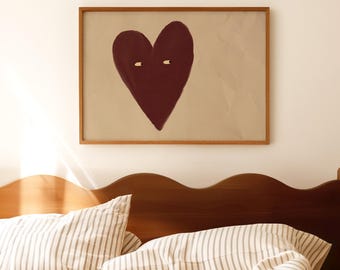 Ojos de corazones de amor: Cuadro pintado de estilo vintage burdeos para decoración hogareña del dormitorio. Impresión física.