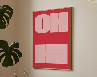 OH HI Red Pink Poster Typography Wall Art Trendy Retro Welcome Print Aesthetic Quote Entryway Print Home Decor Bold