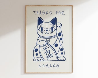 Thanks For Coming Print, Waving Lucky Cat Lover Wall Art Goodbye Poster, Trendy Retro Wall Art Hallway Quote Entryway Home Decor