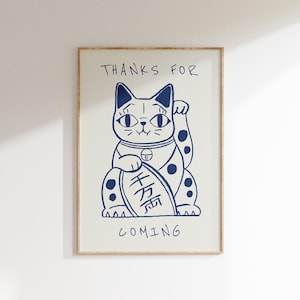 Thanks For Coming Print, Waving Lucky Cat Lover Wall Art Goodbye Poster, Trendy Retro Wall Art Hallway Quote Entryway Home Decor