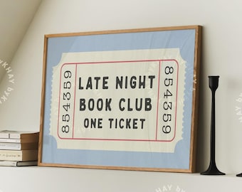 Late Night Book Club Ticket Horizontal Print Blue Bedroom Retro Aesthetic Book Lover Wall Art Vintage Preppy Trendy Decor Digital Download