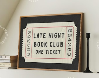 Late Night Book Club Ticket Horizontal Print Black Bedroom Retro Aesthetic Book Lover Wall Art Vintage Preppy Trendy Decor Physical Print