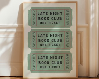 FRAMED Late Night Book Club Ticket Print Sage Green Bedroom Aesthetic Book Lover Wall Art Vintage Preppy Trendy Home Decor Framed Print