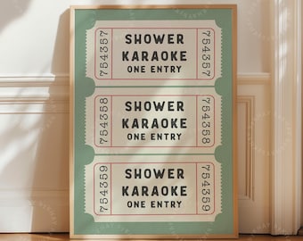 FRAMED Shower Karaoke Ticket Print Sage Green Bathroom Retro Aesthetic Shower Singing Funny Wall Art Vintage Trendy Home Decor Framed Print