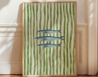 FRAMED Sardines Fish Painted Print Green Stripe Trendy Aesthetic Kitchen Wall Art Retro Modern Food Home Decor Framed Print