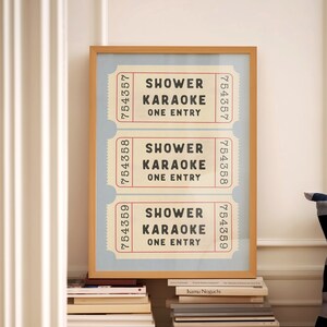 Shower Karaoke Ticket Print Blue Bathroom Retro Cream Aesthetic Shower Singing Funny Wall Art Vintage Trendy Home Decor Physical Print image 5