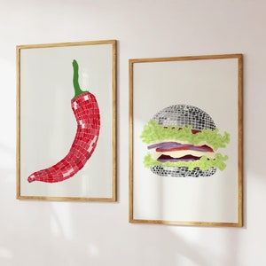 Chilli Print Disco Burger 2er Set Küche Poster Trendy Retro Wand Kunst Modern Funky Food Disco Ball Wohnkultur Digital Download