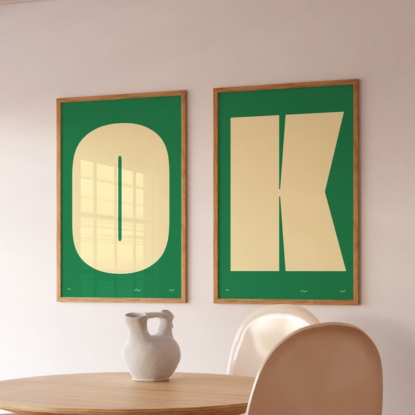 OK Typography Set of 2 Art Print, Green Trendy Retro Wall Art, Mid Century Modern Decor Color Block Wall Art Funky Prints Digital Download