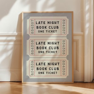 Späte Nacht Buch Club Ticket Druck Grau Schlafzimmer Creme Ästhetik Buchliebhaber Wand Kunst Vintage Preppy Trendy Wohnkultur gerahmter Druck