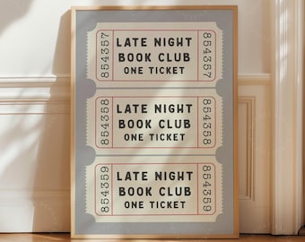 FRAMED Late Night Book Club Ticket Print Grey Bedroom Cream Aesthetic Book Lover Wall Art Vintage Preppy Trendy Home Decor Framed Print