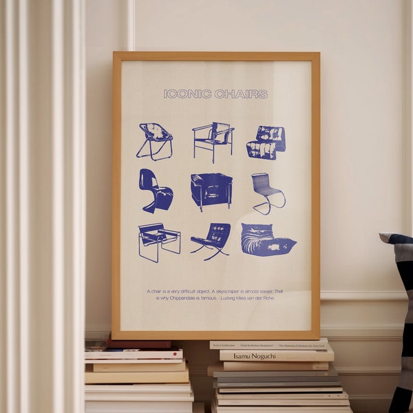 Electric Blue Print Mid Century Modern Iconic Chair Cobalt Blue Poster Trendy Retro Wall Art Togo Wassily Mies Van Der Rohe