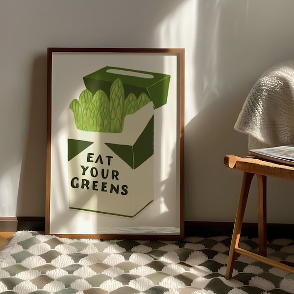 Eat Your Greens Kitchen Wall Art Vegetable Print Trendy Retro Green Asparagus Poster Hand Drawn Quirky Funky Apartment
