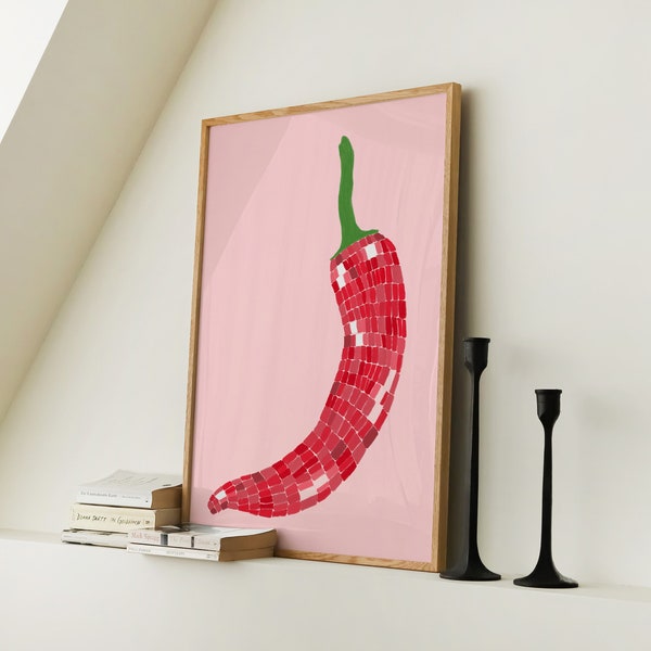 Disco Ball Chilli Print Kitchen Wall Art Chili Pepper Poster Trendy Retro Food Illustration Red Pink Aesthetic Decor Digital Download