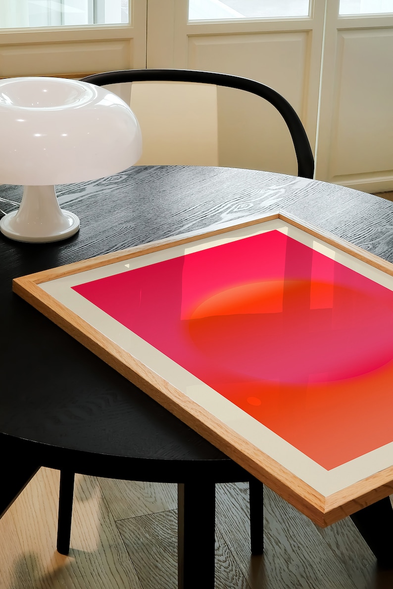 Arte mural en rosa intenso y naranja, impresión giclée abstracta, arte abstracto rosa intenso, arte mural moderno, arte mural abstracto rosa claro y naranja. imagen 2