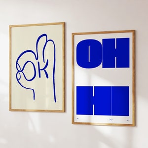 Electric Blue Print Set OH HI Funky Art Typografie Print OK Hand leuchtendes Blau trendiges Retro Poster Mid Century Modern Art Digital Download