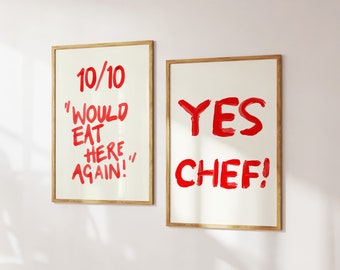 Yes Chef Set of 2 Would Eat Here Again Red Kitchen Typography Art Print Trendy Retro Quote Wall Art Wall Art Kitchen Decor Digital Download