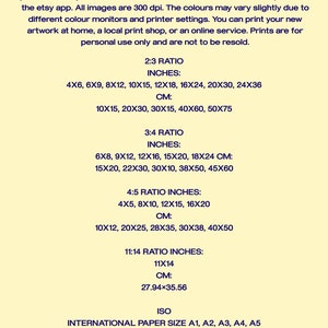 May include: A yellow background with black text outlining different print sizes in inches and centimeters. The text includes the ratios 2:3, 3:4, 4:5, and 11:14. The text also includes the phrase "ISO International Paper Size A1, A2, A3, A4, A5".