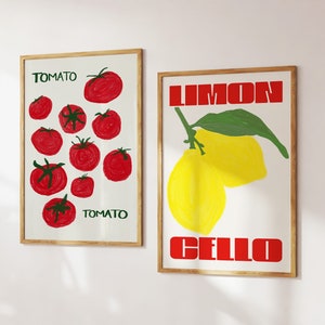 Keuken Art Prints Fruit Set van 2 Trendy Retro Wall Art, Bar Cart Art Kitchen Limoncello Poster Tomaat Tekening Wall Art Digitale Download