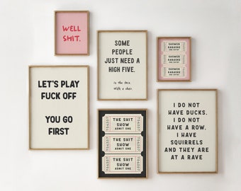 Funny Quote Print Set of 6 Rude Sweary Gallery Wall Shit Show Poster Retro Ticket Wall Art Rude Srcastic Bathroom Decor Digital Download