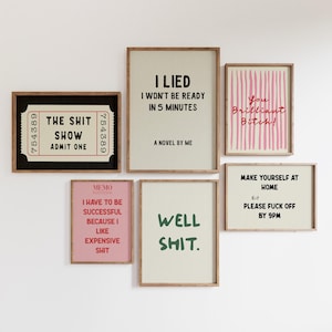 Lustig Zitat Print 6er Set Rude Sweary Galerie Wand Shit Show Poster Retro Ticket Wandkunst Rude sarkastisch Badezimmer Dekor Digitaler Download