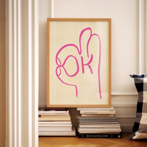OK Print Typography Funky Wall Art, Trendy Blue Retro Wall Art