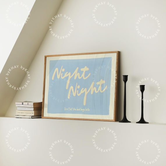 Night Night Horizontal Print Cute Bedroom Wall Art Baby Blue Pastel Poster Trendy Retro Aesthetic Kids Bedroom Decor Physical Print
