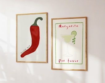 Chilli Print Set of 2 Kitchen Art Print Trendy Retro Wall Art, You're Hot Print Kitchen Margarita Print Wall Art Home Decor Digital Download
