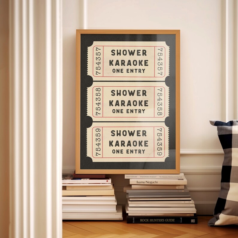Shower Karaoke Ticket Print Bathroom Retro Black Cream Aesthetic Shower Singing Funny Wall Art Vintage Trendy Home Decor Physical Print image 4