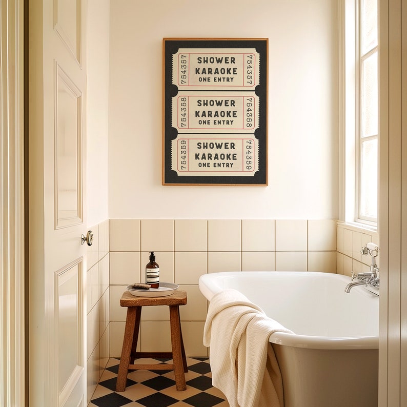 Shower Karaoke Ticket Print Bathroom Retro Black Cream Aesthetic Shower Singing Funny Wall Art Vintage Trendy Home Decor Physical Print image 2