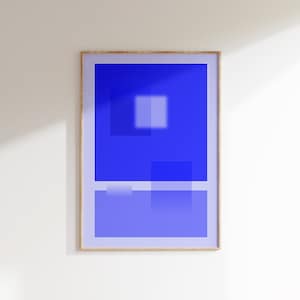 May include: A framed abstract art print with a blue background and white and light blue geometric shapes.