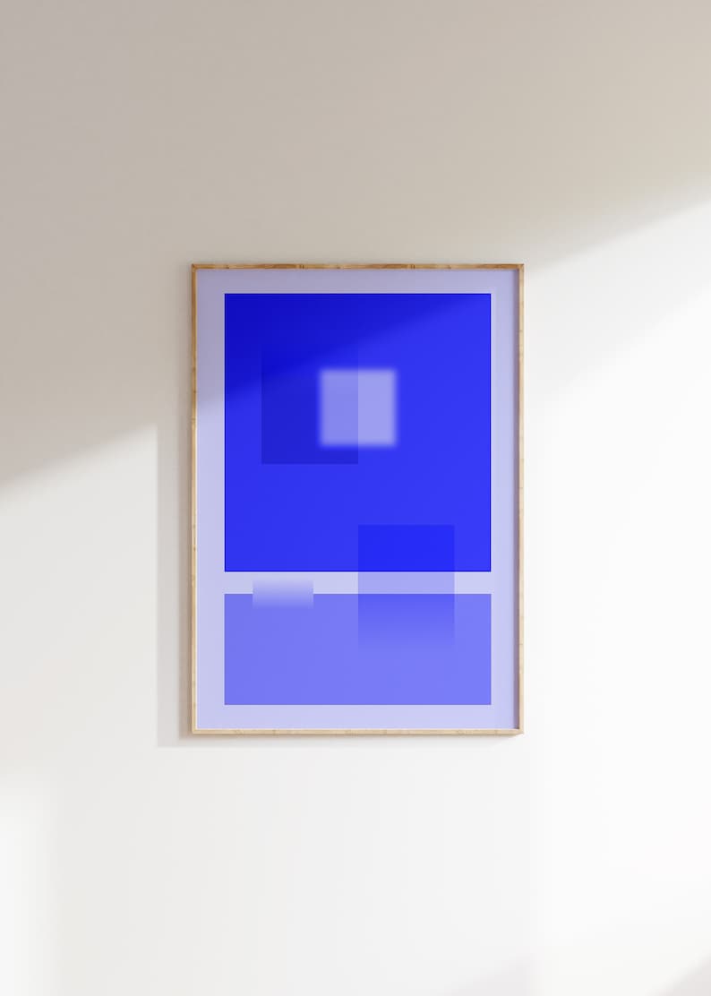 May include: A framed abstract art print with a blue background and white and light blue geometric shapes.