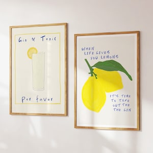 Zestaw 2 wydruków Gin & Tonic, modny wydruk sztuki kuchennej w stylu retro, wydruk When Life Gives You Lemons na wózku barowym, cyfrowa wersja do pobrania