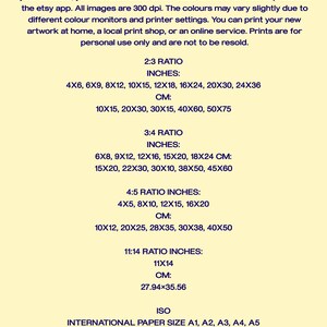May include: A yellow background with black text outlining different print sizes in inches and centimetres. The text includes the ratios 2:3, 3:4, 4:5, and 11:14. The text also includes the phrase "ISO International Paper Size A1, A2, A3, A4, A5".