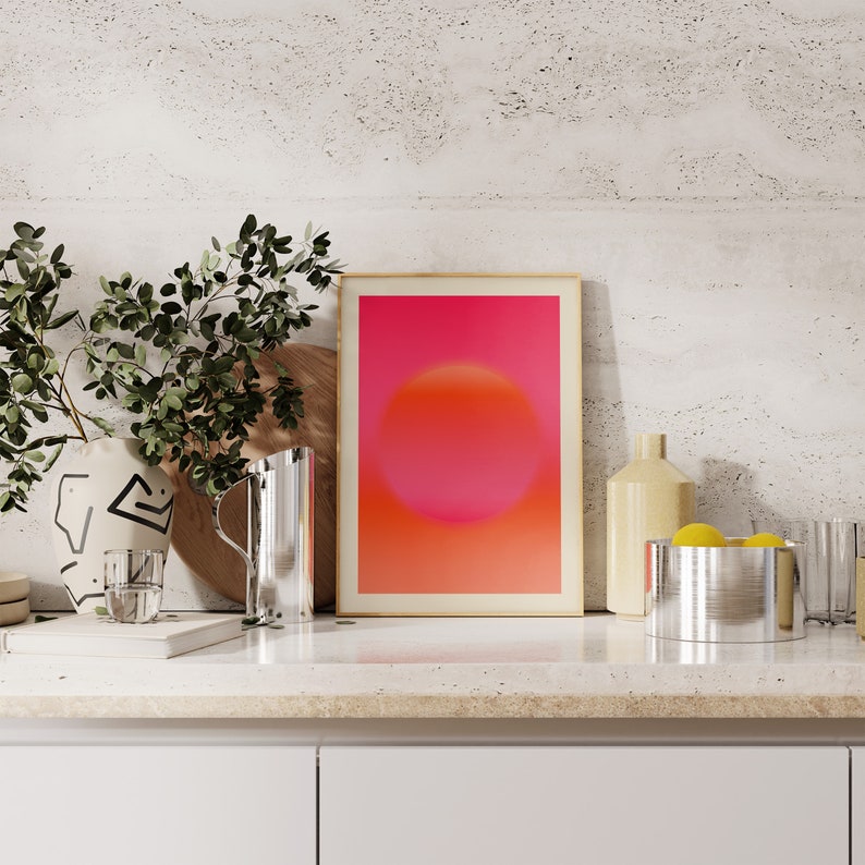 Arte mural en rosa intenso y naranja, impresión giclée abstracta, arte abstracto rosa intenso, arte mural moderno, arte mural abstracto rosa claro y naranja. imagen 6